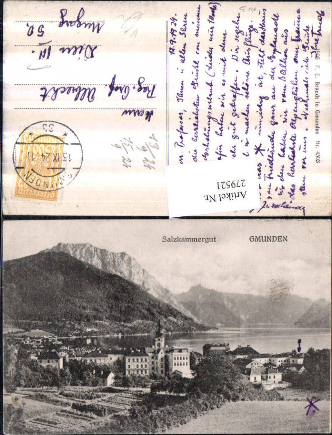 279521,Gmunden Totale m. Traunstein Bergkulisse pub F. E. Brandt 4503