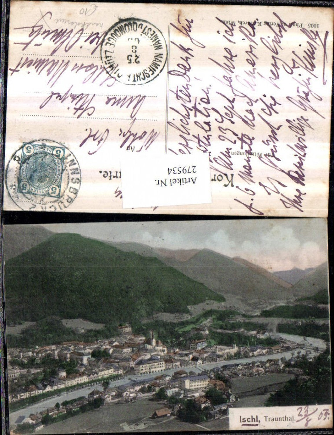 279534,Handkoloriert Bad Ischl im Trauntal Totale Bergkulisse