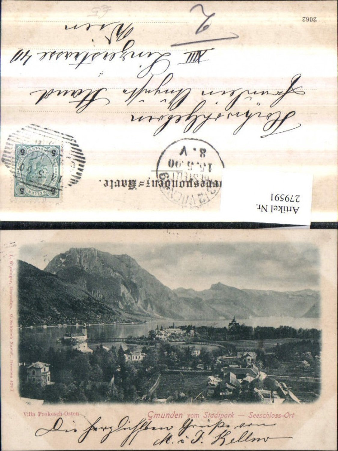 279591,Gmunden Totale vom Stadtpark Seeschloss Orth Villa Prokesch Bergkulisse