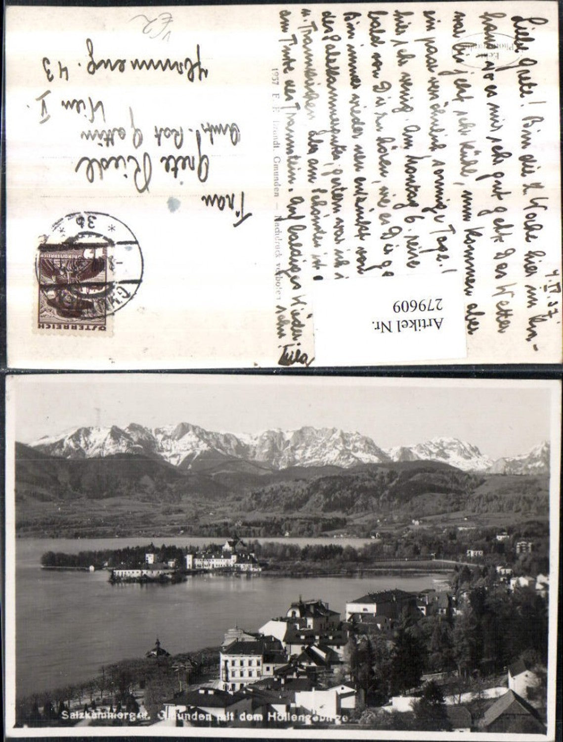 279609,Gmunden Totale Schloss Orth m. d. Höllengebirge Bergkulisse pub F. E. Brandt
