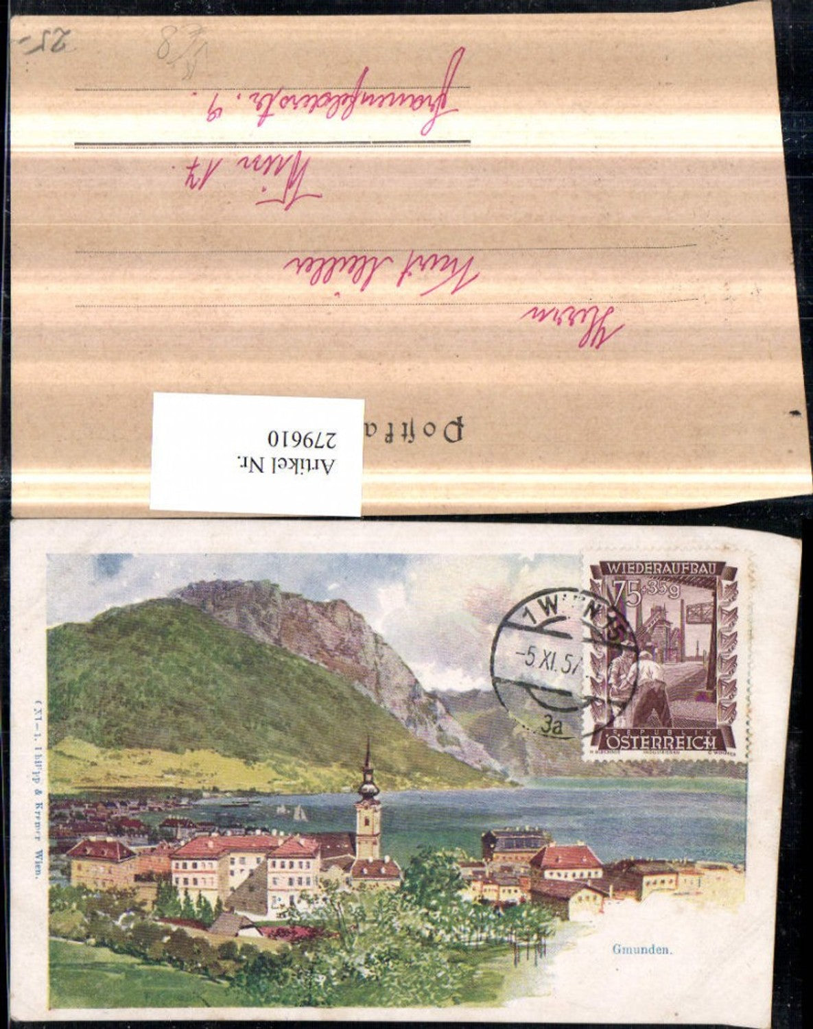 279610,Künstler AK F. Konallik Gmunden Totale Bergkulisse pub Philipp & Kramer