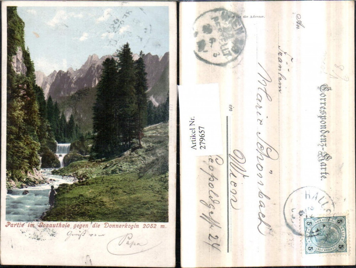 279657,Partie im Gosautal geg. Donnerkogln Bergkulisse Wasserfall b. Gosau pub F. E. Brandt 477
