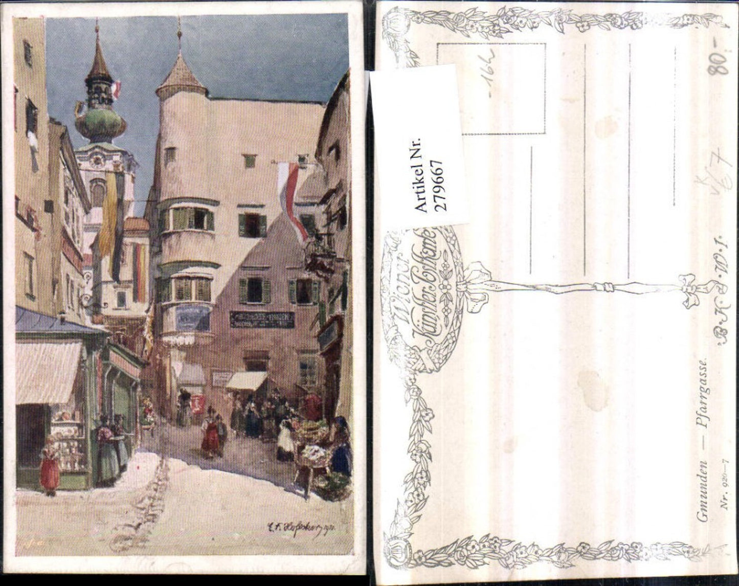 279667,Künstler AK E. F. Hofecker Gmunden Pfarrgasse Erker Kirchenturm pub Brüder Kohn B.K.W.I. 920/7