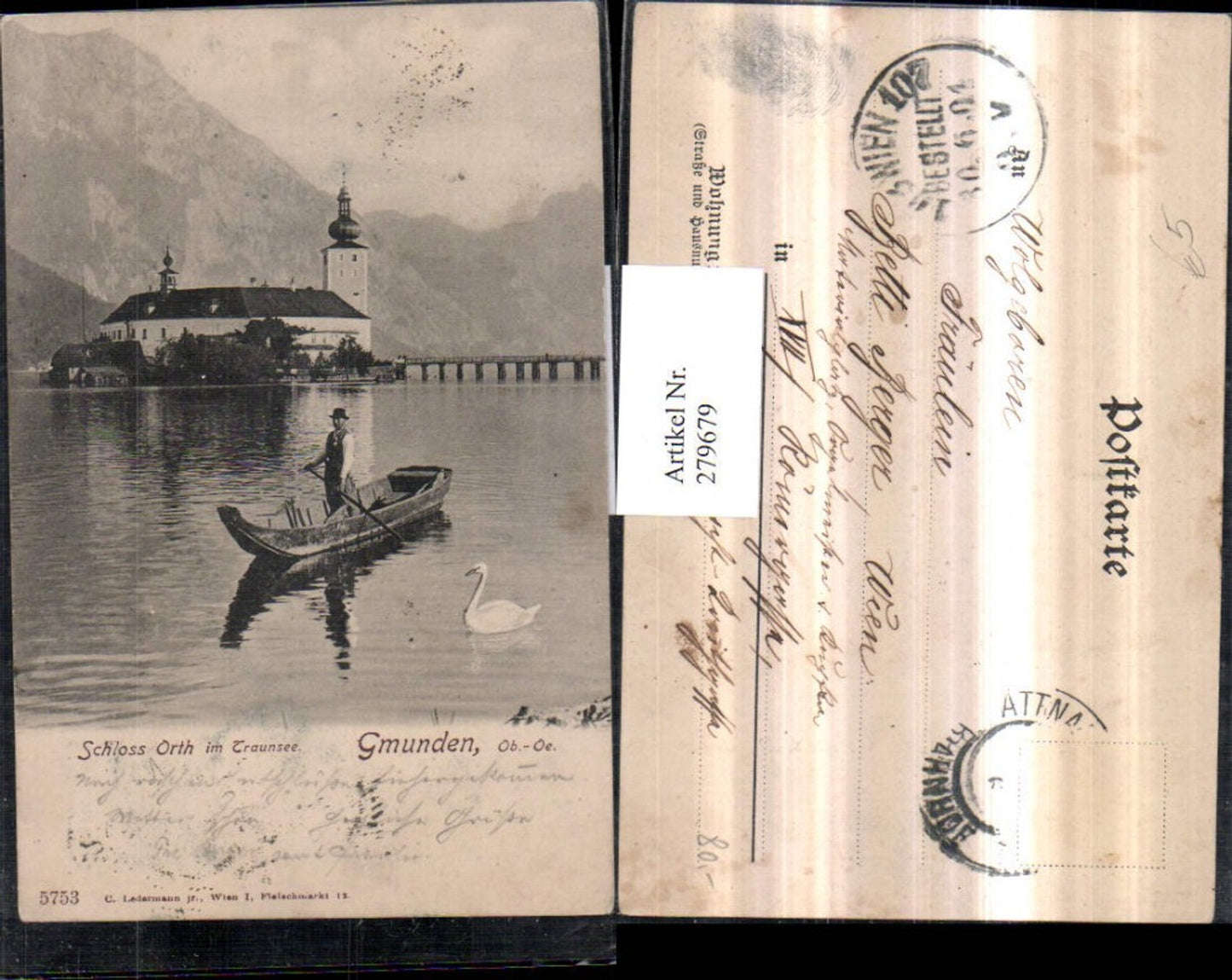 279679,Gmunden Schloss Orth im Traunsee Brücke Boot Zille Schwan