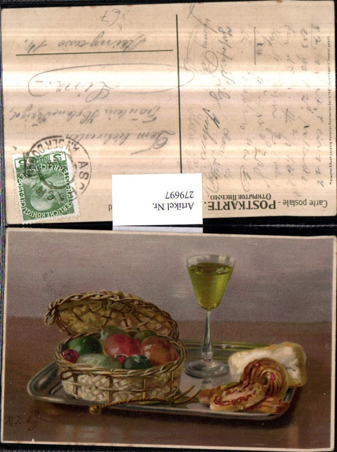 279697,Künstler AK Meissner & Buch 1467 Künstler M. Billing Guten Appetit Stillleben Obst Gemüse Glas
