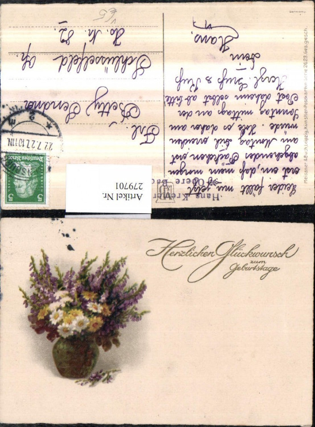 279701,Künstler AK Meissner & Buch 2623 Geburtstag Blumenstrauß Blumen Vase