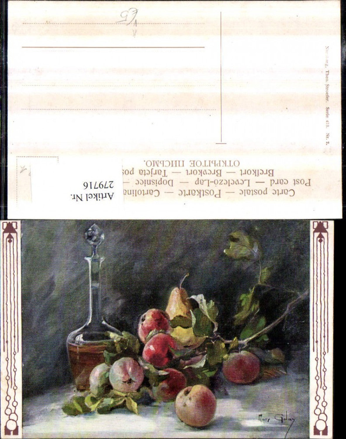 279716,Theo Stroefer 473/2 Künstler Mary Golay Stillleben Äpfel Birne Karaffe