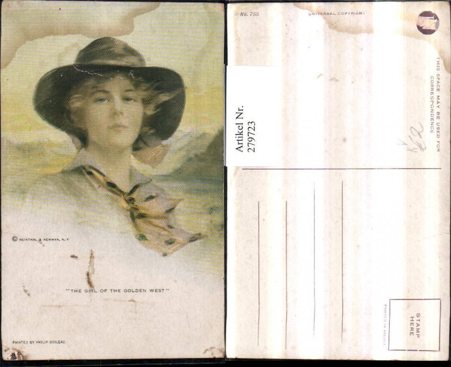 279723,Reinthal & Newman 755 Artist Philip Boileau The girl of the golden West woman with hat portrait
