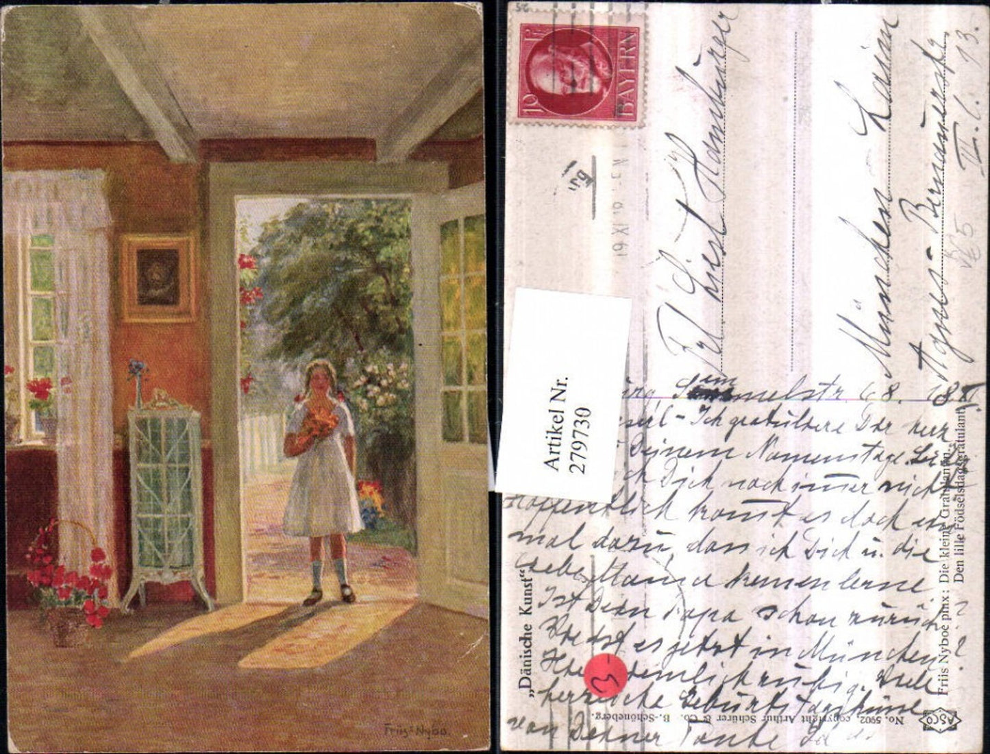 279730, Asco AK 5902 Artist Friis Nyboe The Little Well-Wishing Girl with Bouquet of Flowers Door