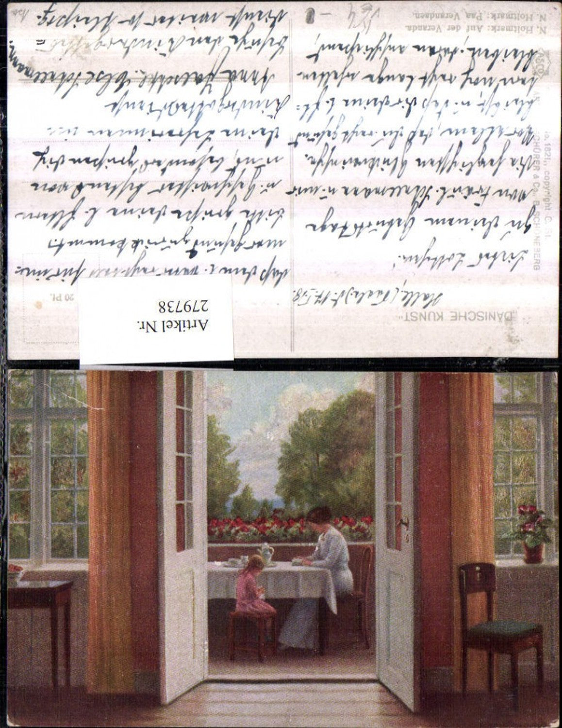 279738, Asco AK 1821 Artist N. Holtmark On the veranda Woman Mother with child Table Pitcher