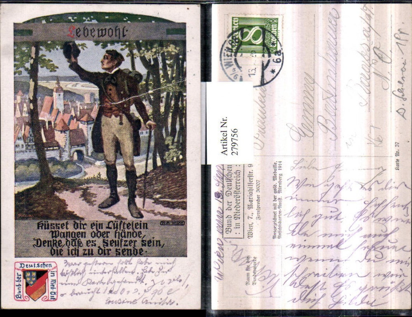 279756,Bund d. Deutschen i. Niederösterreich 37 Künstler K. A. Wilke Lebewohl Mann Stock Hut Stadt Text Spruch