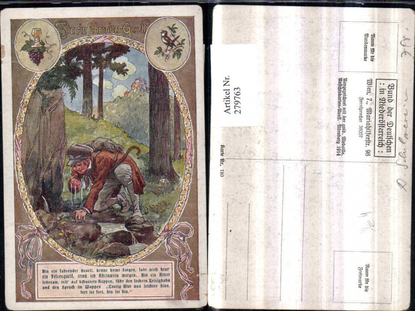 279763,Bund d. Deutschen i. Niederösterreich 180 Künstler F. Gareis Bin ein fahrender Gesell Märchen Mann Hut Felsenq