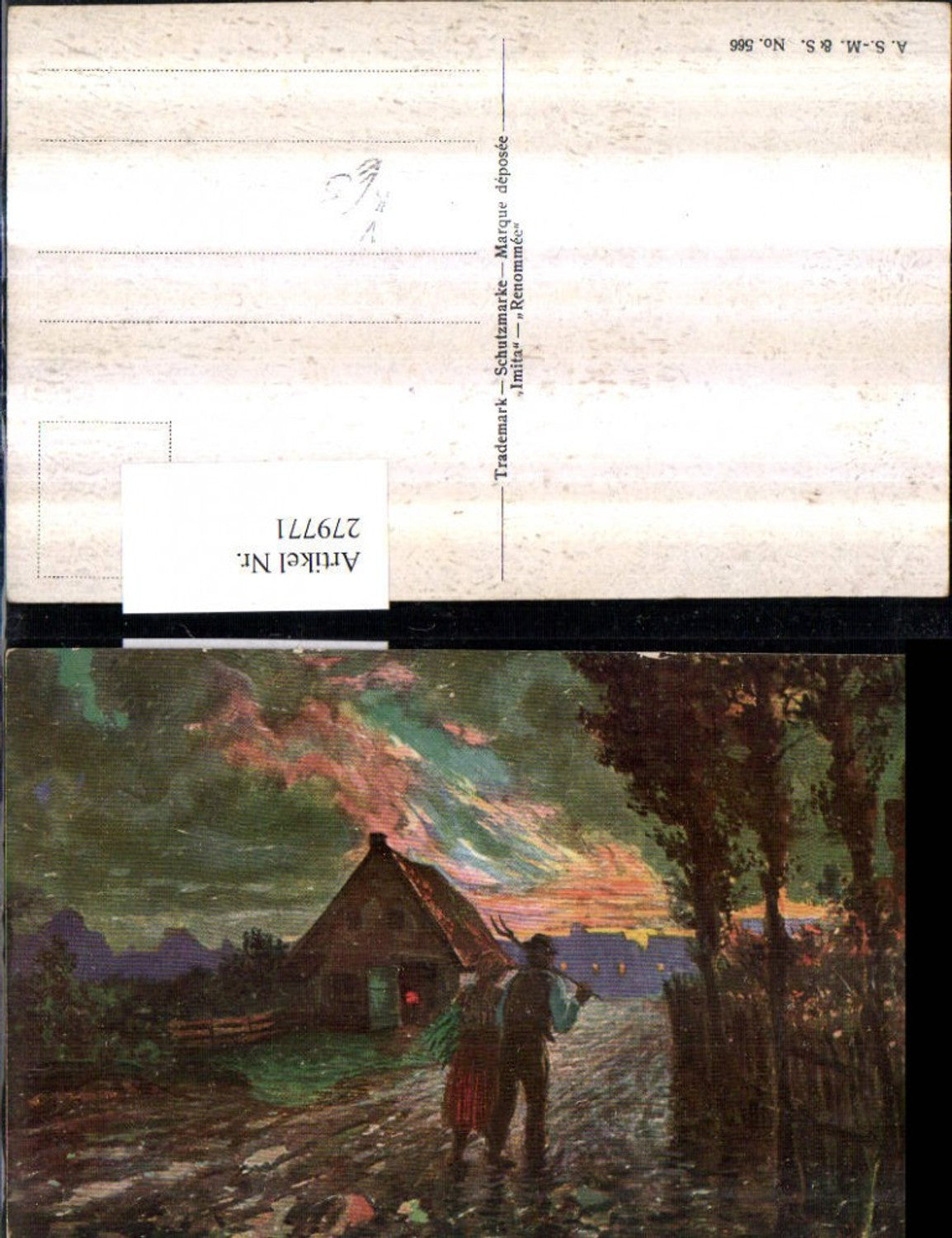 279771,A.S.M. Imita 566 Künstlerkarte Landschaft Mann u. Frau Heugabel Haus
