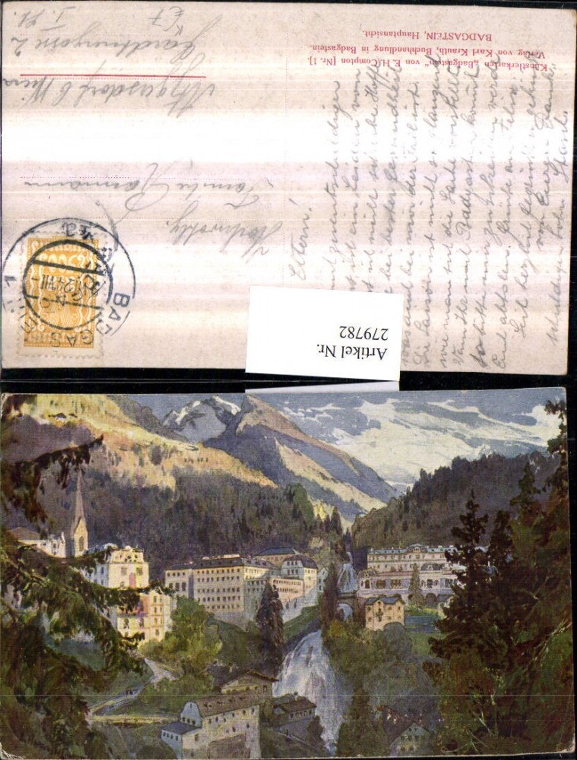 279782,Künstler AK E. H. Compton Badgastein Bad Gastein Teilansicht Wasserfall Bergkulisse