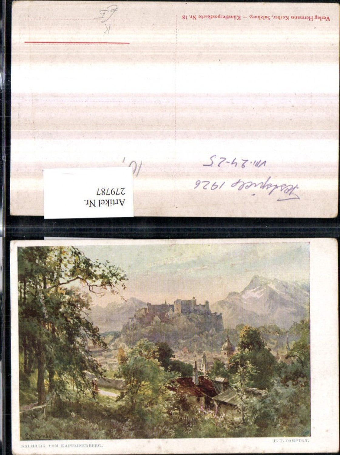 279787,Künstler AK E. T. Compton Salzburg Teilansicht m. Fstung vom Kapuzinerberg Bergkulisse