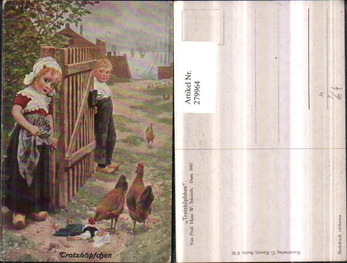 279964,Künstler AK Prof. Hans W. Schmidt Trotzköpfchen Kinder Pantoffeln Puppe Hühner