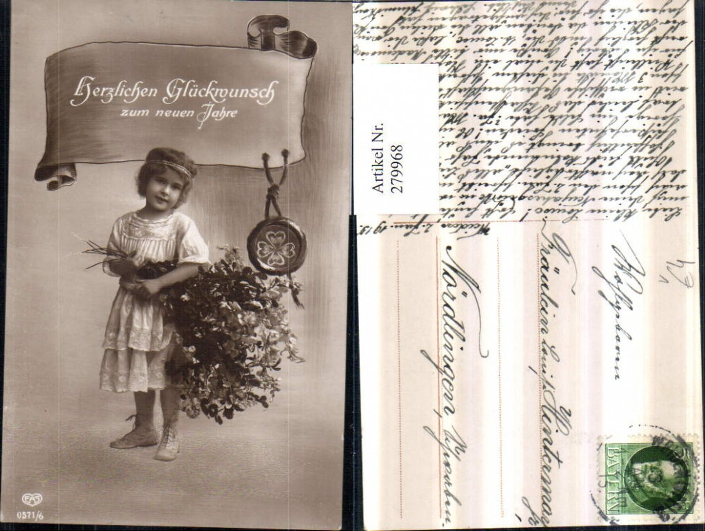 279968,Neujahr Mädchen m. Kleid Blütenzweige Siegel Kleeblatt pub EAS 0571/6