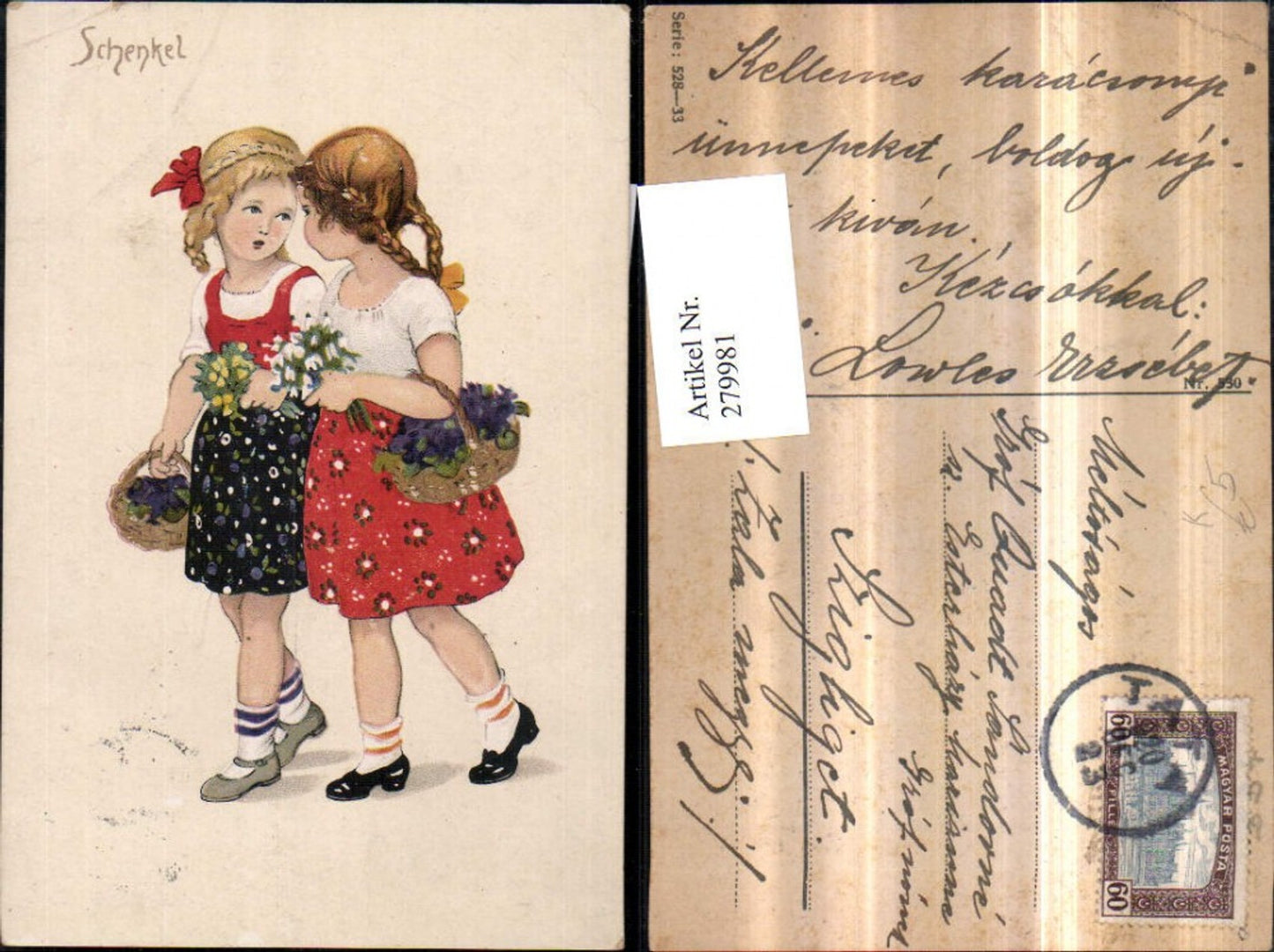 279981,Künstler AK Schenkel Kinder Mädchen m. Zöpfen Kleid Blumensträuße Blumen