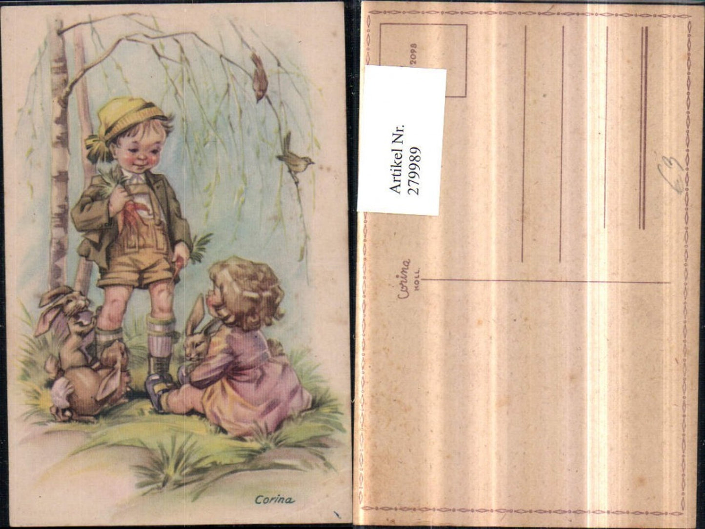279989,Künstler AK Corina Kinder Mädchen m. Kleid Hasen Junge m. Haube Latzhose