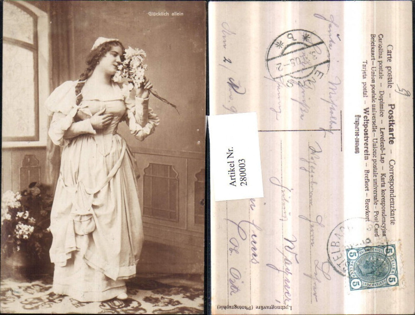 280003, Photo AK Happy alone woman with dress, braid, bouquet of flowers, window