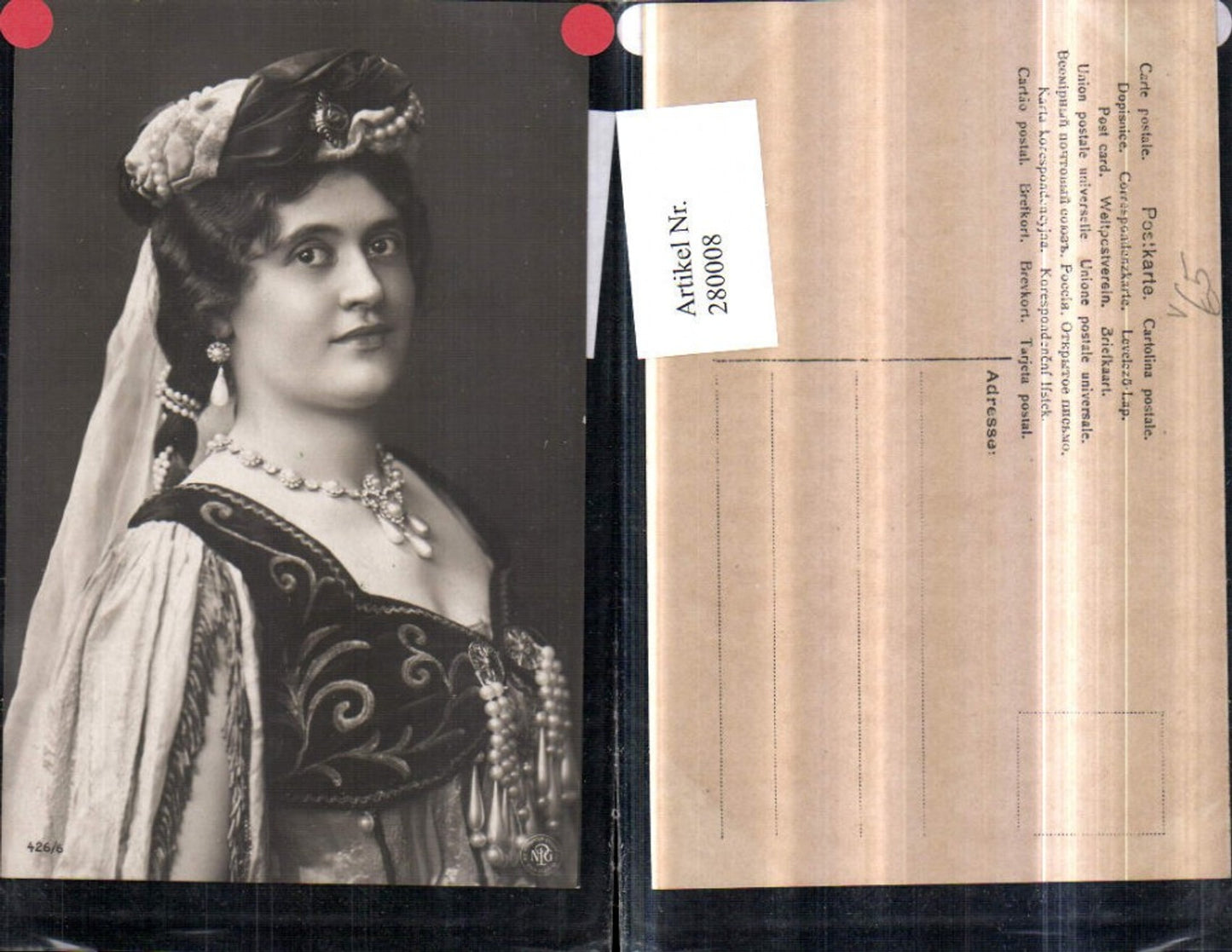 280008,Foto AK Frau m. Kopfschmuck Ohrring Kette Tracht Portrait pub NPG 426/6