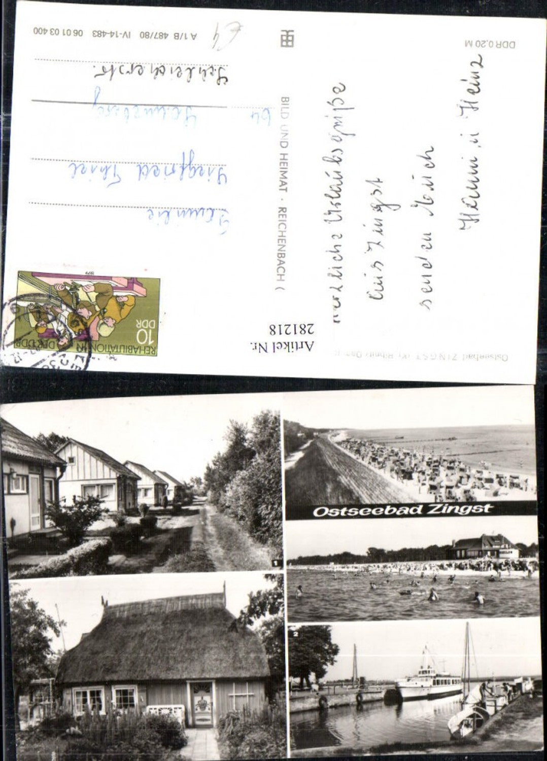 281218,Ostseebad Zingst Strand Strandleben Strandkörbe Schiff Reetdachhaus Mehrbildkarte