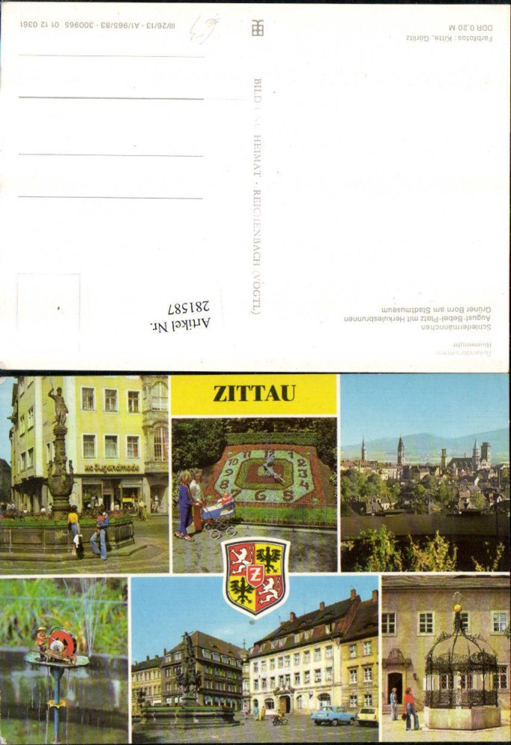 281587,Zittau Teilansicht Rolandsbrunnen Blumenuhr Schleifermännchen Herkulesbrunnen Mehrbildkarte