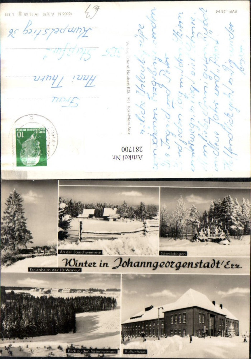 281700,Johanngeorgenstadt im Erzgebirge Ferienheim Kulturhaus Schwibbogen Mehrbildkarte Winterbilder