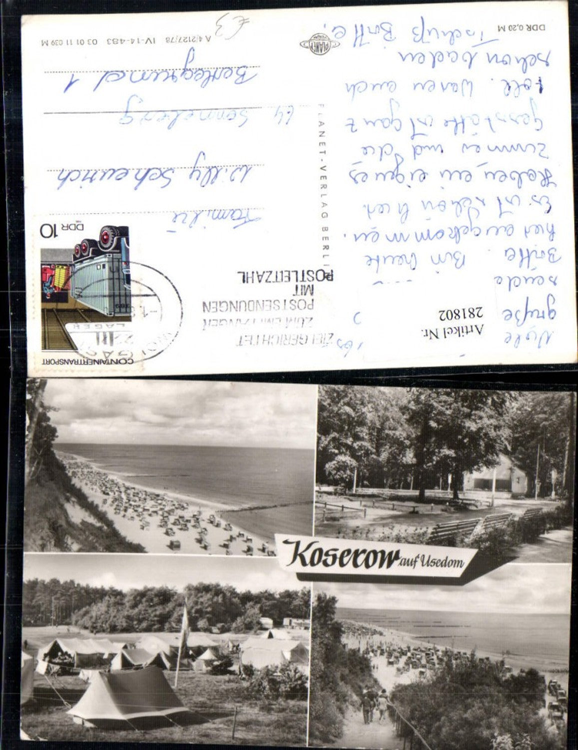 281802,Koserow auf Usedom Strand Strandkörbe Park Musikpavillon Campingplatz Zelte Mehrbildkarte