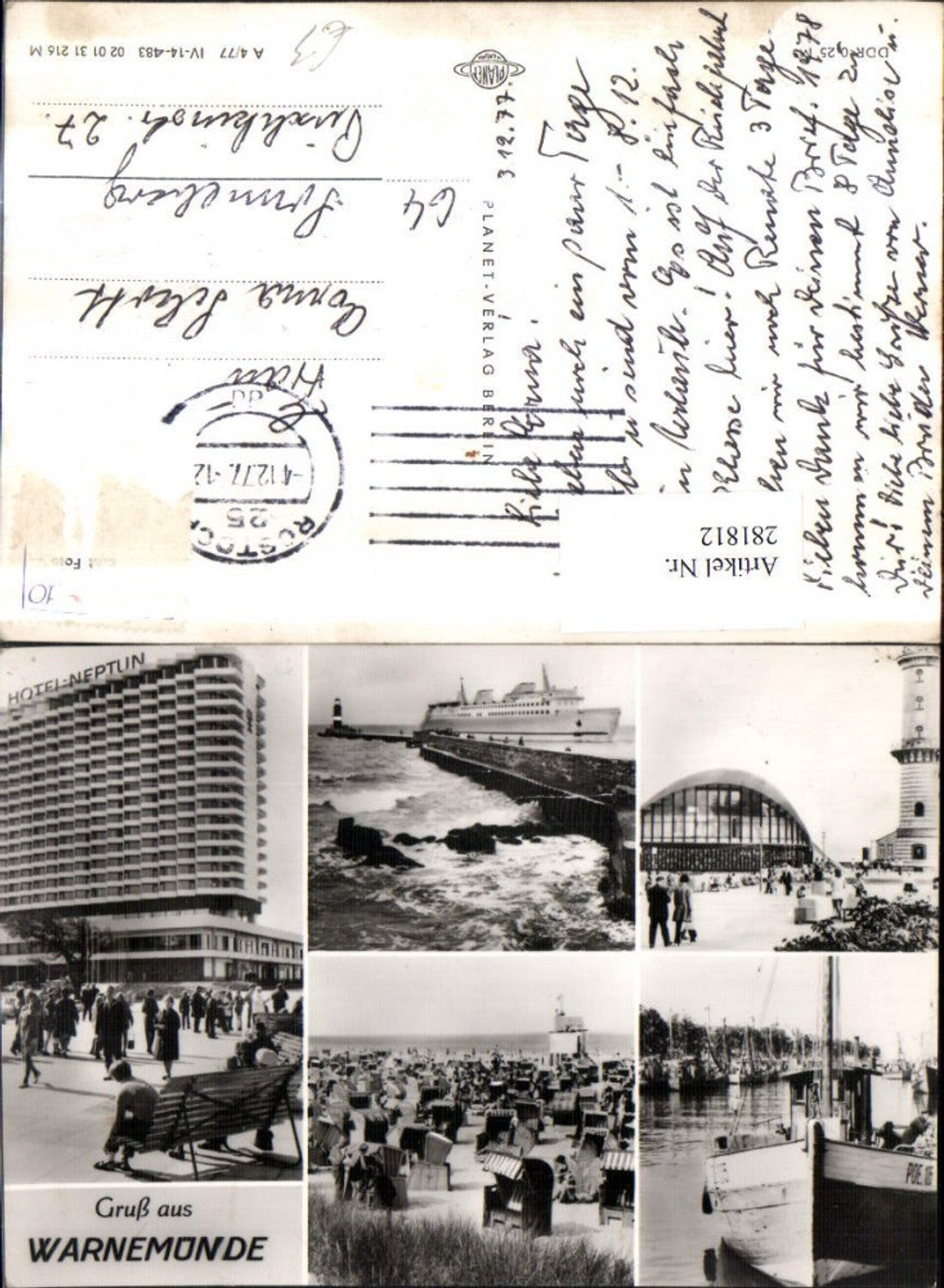 281812,Rostock Warnemünde Hotel Neptun Schiff Strand Strandkörbe Fischerboot Mehrbildkarte