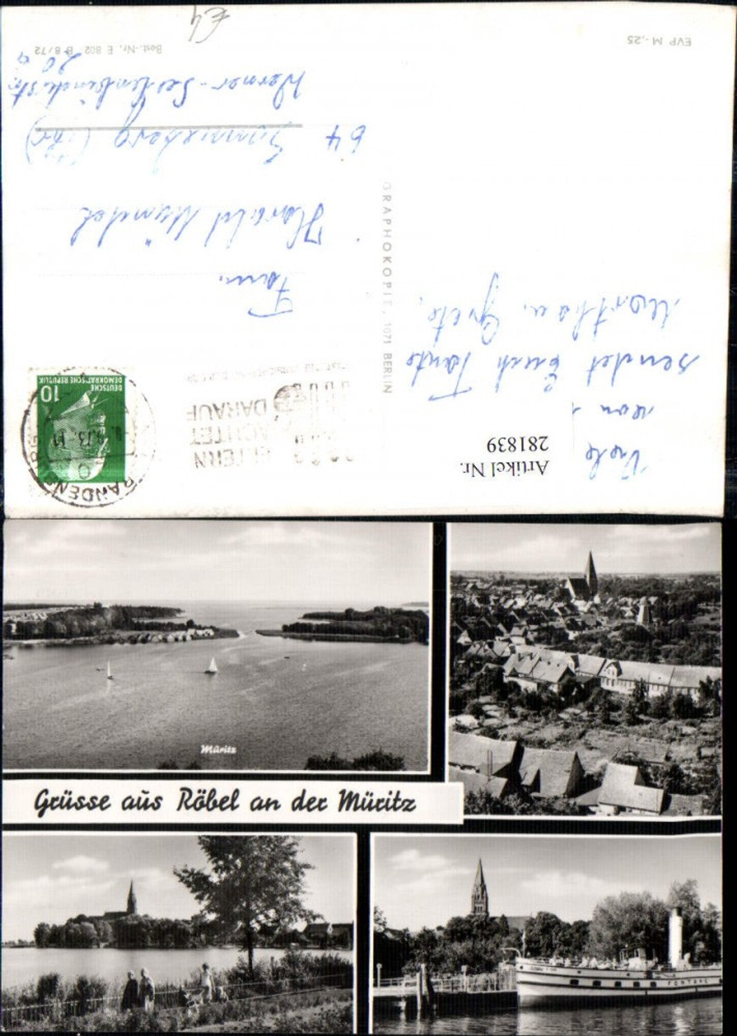 281839,Grüße aus Röbel an d. Müritz Totale Dampfer Fontane Kirchenturm Mehrbildkarte