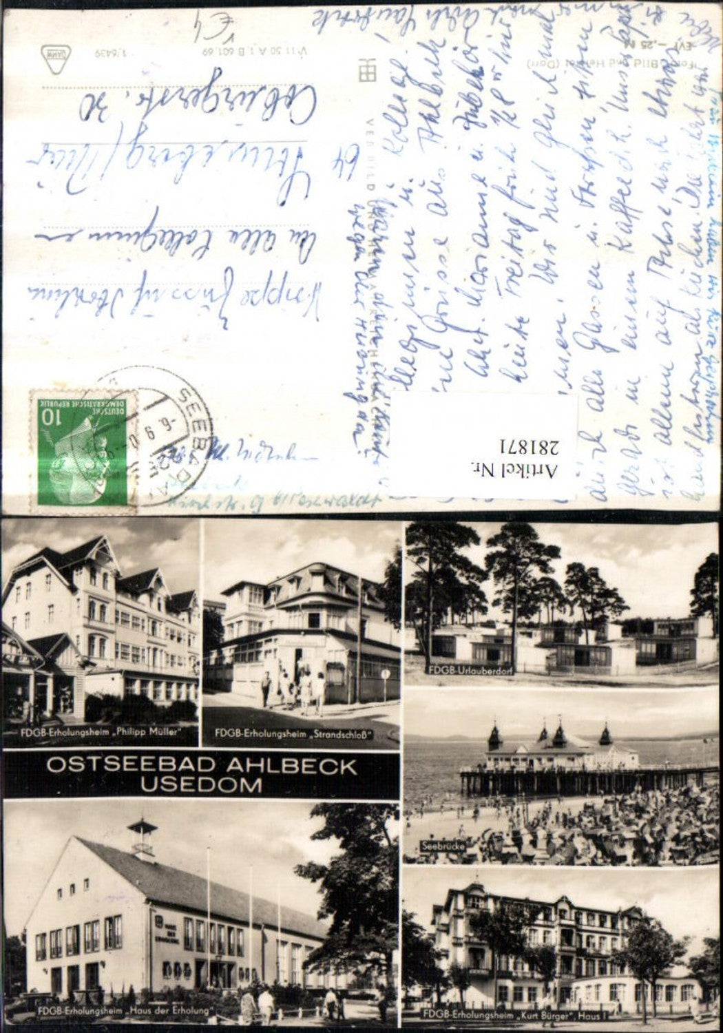 281871,Ostseebad Ahlbeck Erholungsheime Philipp Müller Strandschloss Kurt Bürger Seebrücke Mehrbildkarte pub VEB