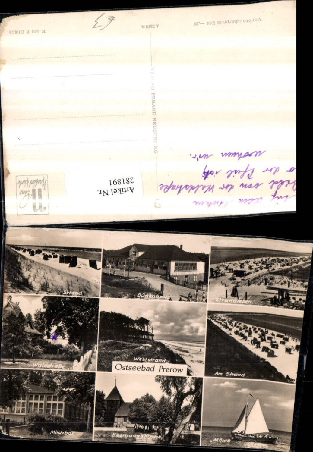 281891,Ostseebad Prerow Strand Dünenhaus Strandleben Möwe Segelboot Kirche Milchbar Mehrbildkarte