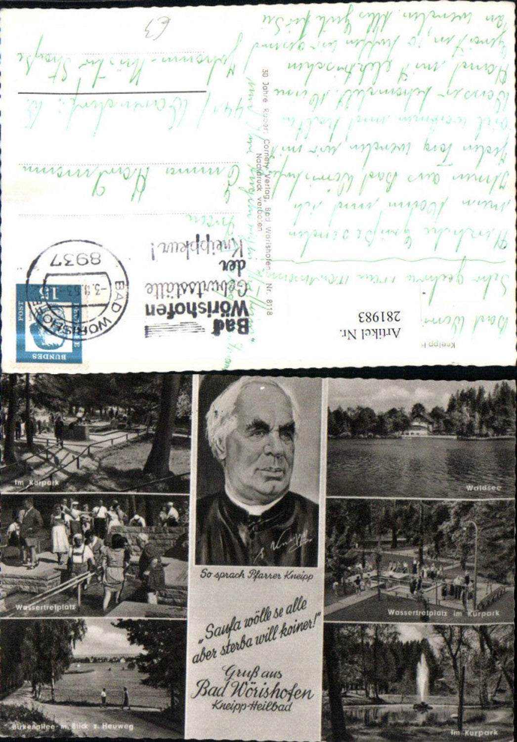 281983, Bad Wörishofen in the Allgäu region, Pastor Kneipp portrait, water treading basin, spa park, Waldsee lake, multi-view postcard
