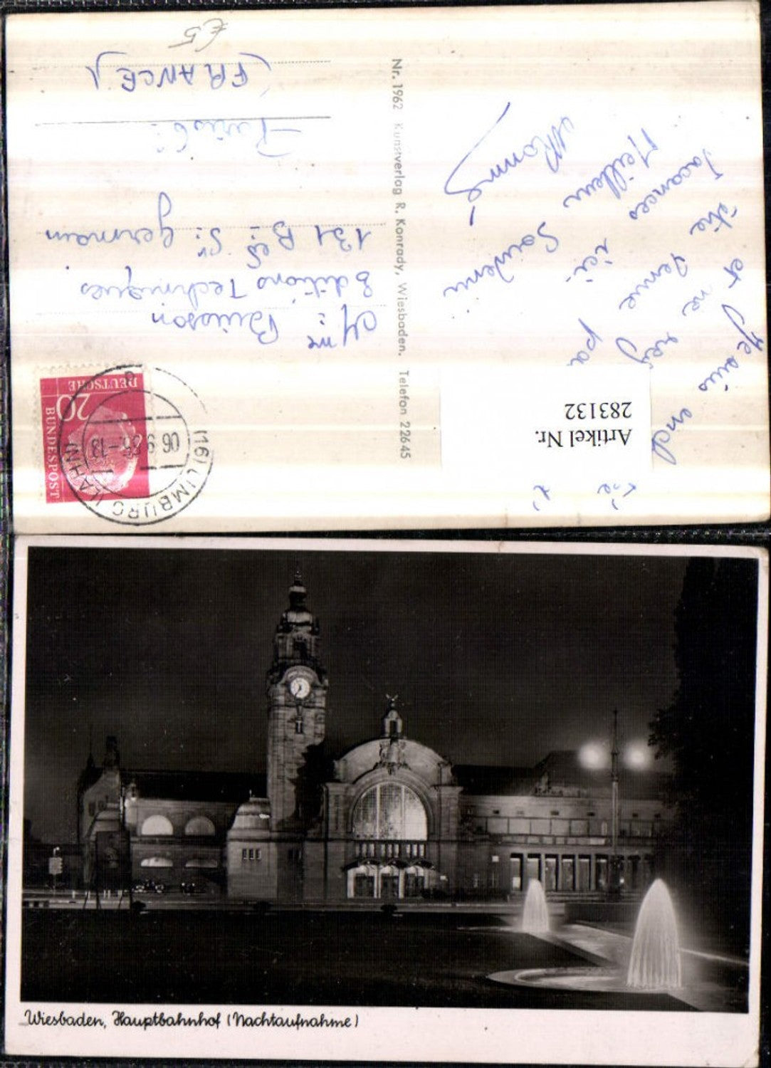 283132,Wiesbaden Hauptbahnhof Bahnhof b. Nacht Beleuchtung Springbrunnen