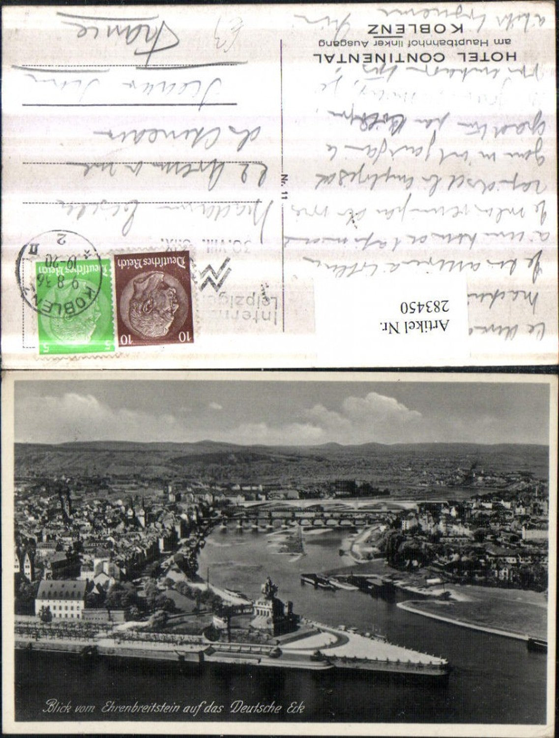 283450,Koblenz Totale Blick vom Ehrenbreitstein auf das Deutsche Eck m. Denkmal