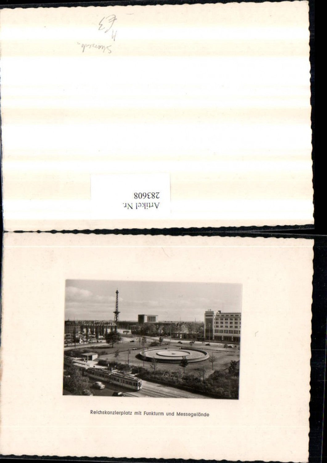 283608,Foto aufgeklebt Berlin Reichskanzlerplatz m. Funkturm u. Messegelände Straßenbahn