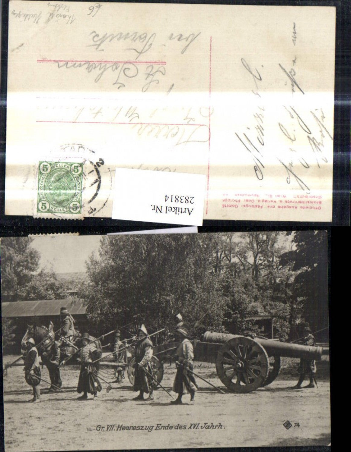 283814,Foto Ak Kaiser Jubiläums Huldigungs Festzug Wien 1908 Gr. VII Heereszug Ende XVI Jhdt Geschütz Monarchie