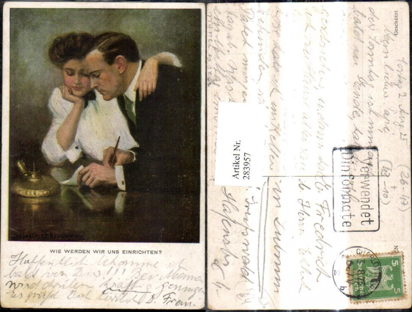 283957,Künstler Ak Wie werden wir uns einrichten Liebe Paar Umarmung Tisch Schreiben
