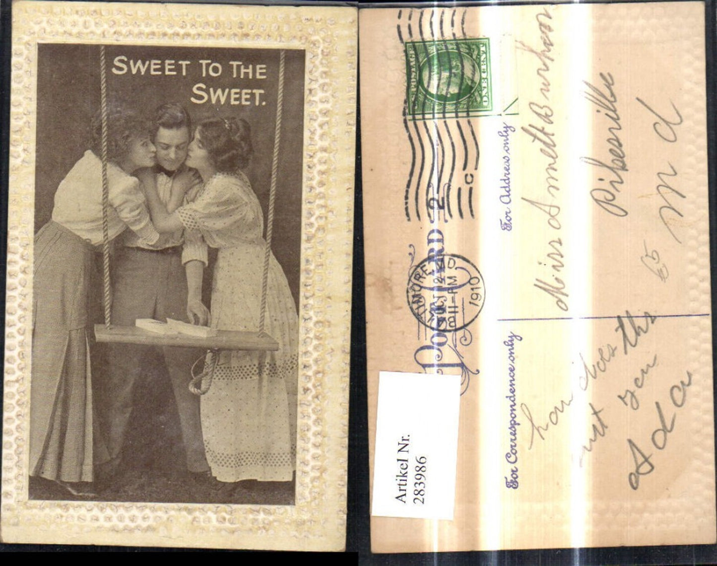 283986, Dear Man Cheek Kiss from 2 Women Swing Sweet to the Sweet Embossed Passepartout