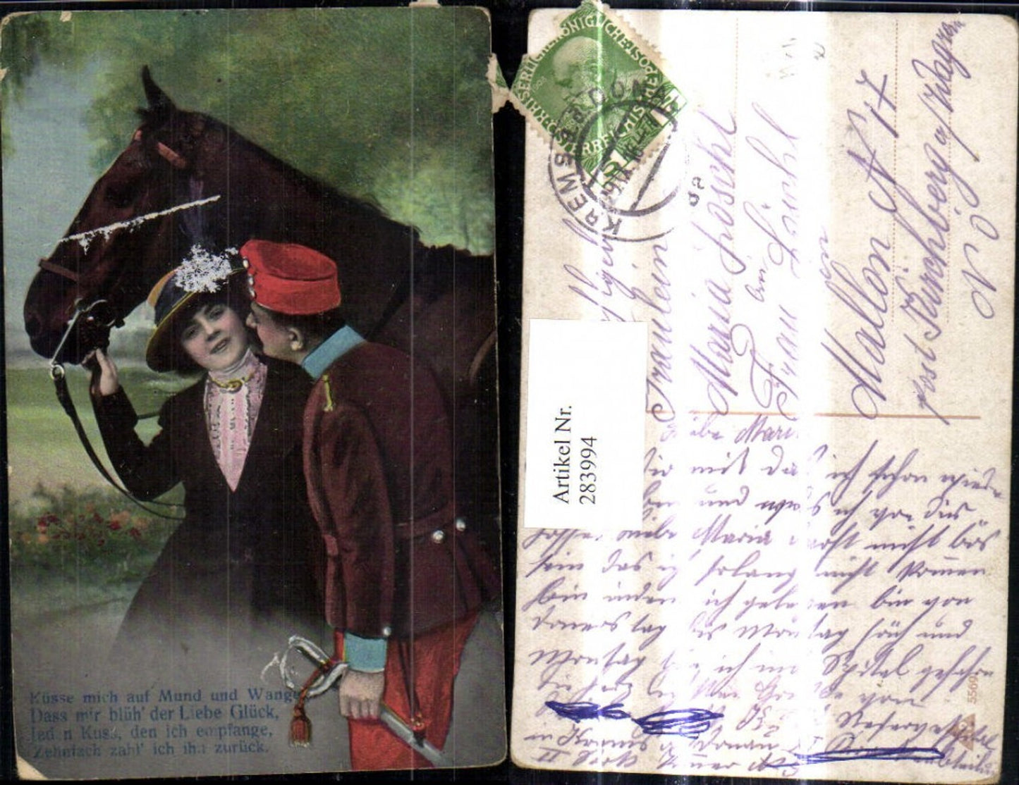283994,Liebe Paar Soldat Frau m. Pferd Wangenkuss Spruch Text