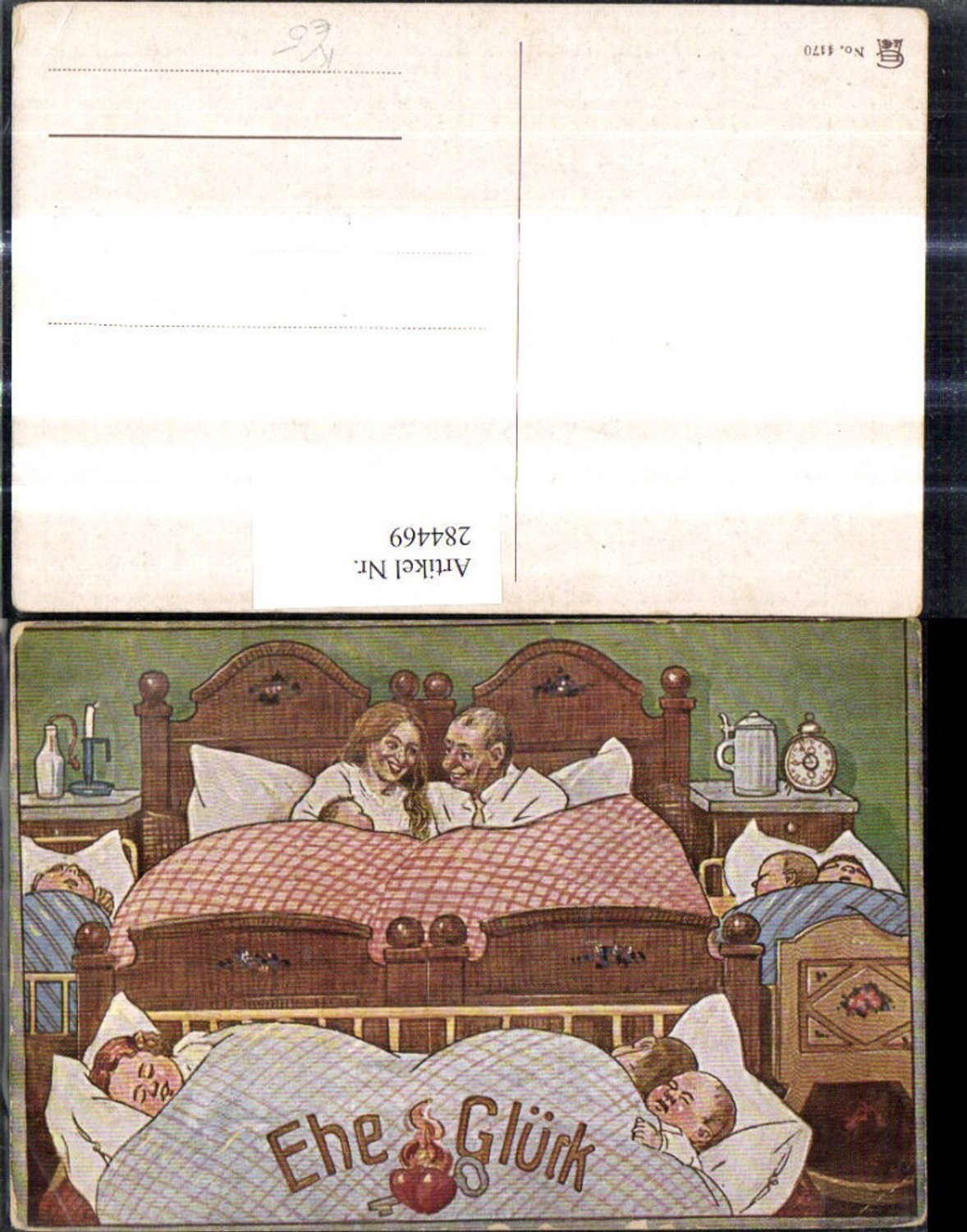 284469,Künstler Ak Scherz Humor Paar i. Ehebett Bett Viele Kinder Eheglück