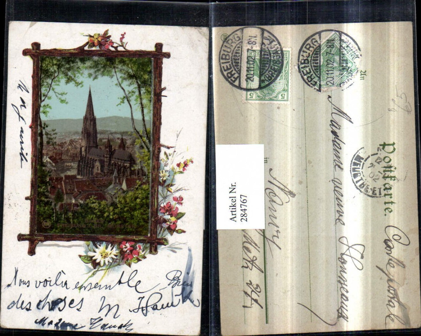 284767,Aufgeklebtes Bild Freiburg im Breisgau Teilansicht Münster Passepartout