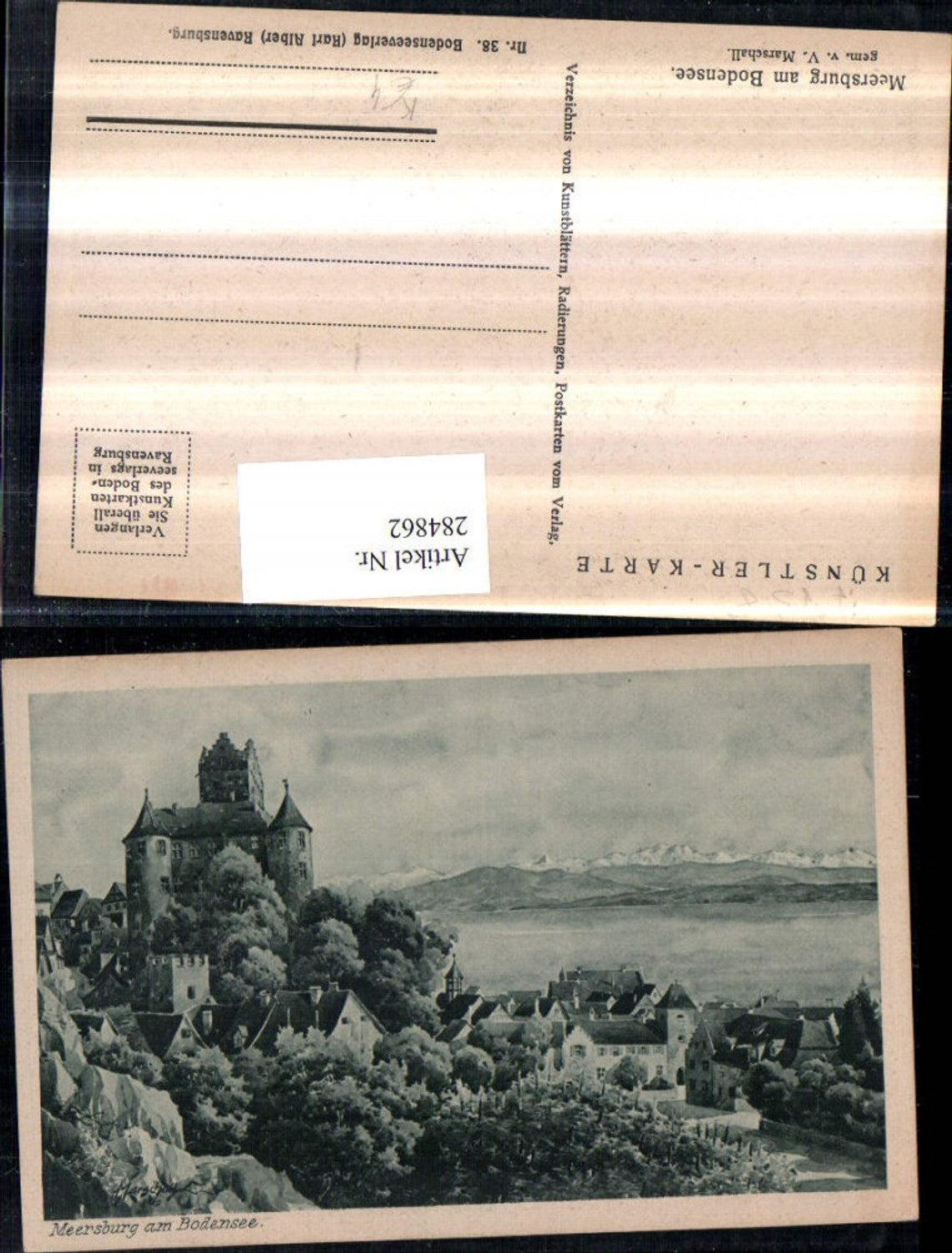284862,Künstler AK V. Marschall Meersburg am Bodensee Burg Bergkulisse