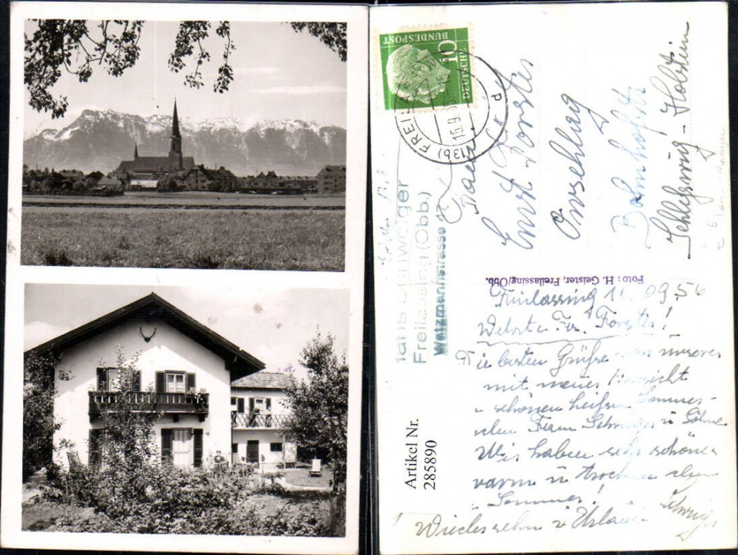 285890,Freilassing Teilansicht Kirche Bergkulisse Fam. Schweiger Hausansicht Mehrbildkarte