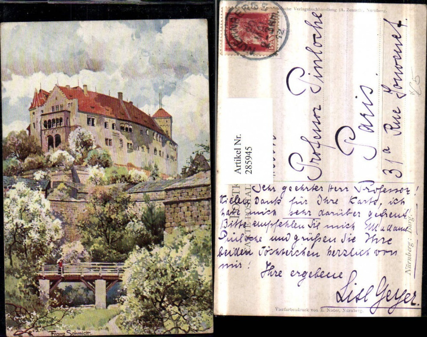 285945,Künstler AK Franz Schmidt Nürnberg Burg Brücke
