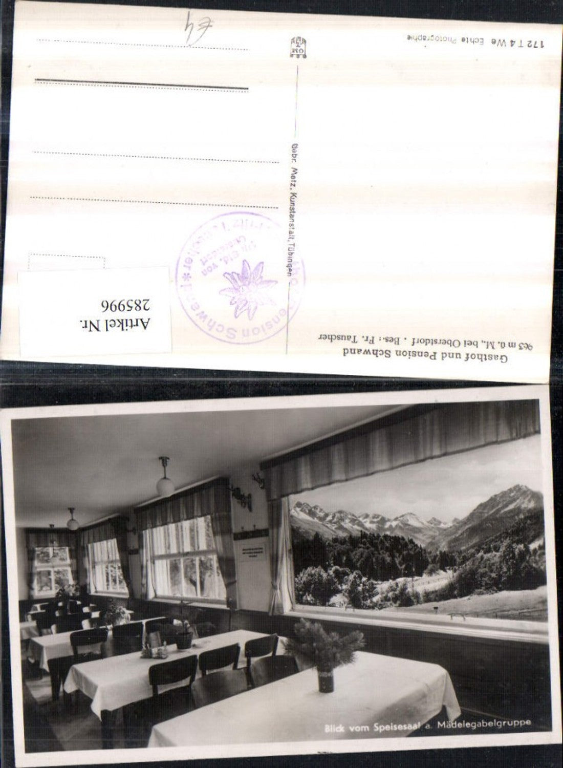 285996,Gasthof u. Pension Schwand Speisesaal Blick auf Mädelegabelgruppe b. Oberstdorf