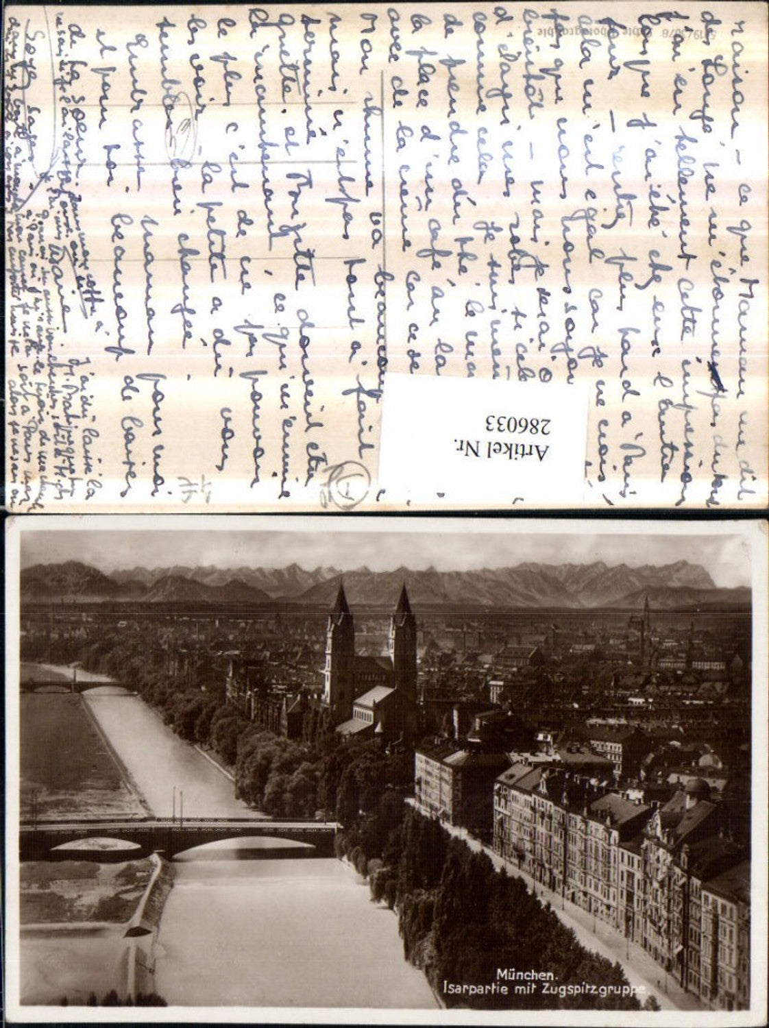 286033,München Totale Isarpartie Brücke m. Zugspitzgruppe Bergkulisse