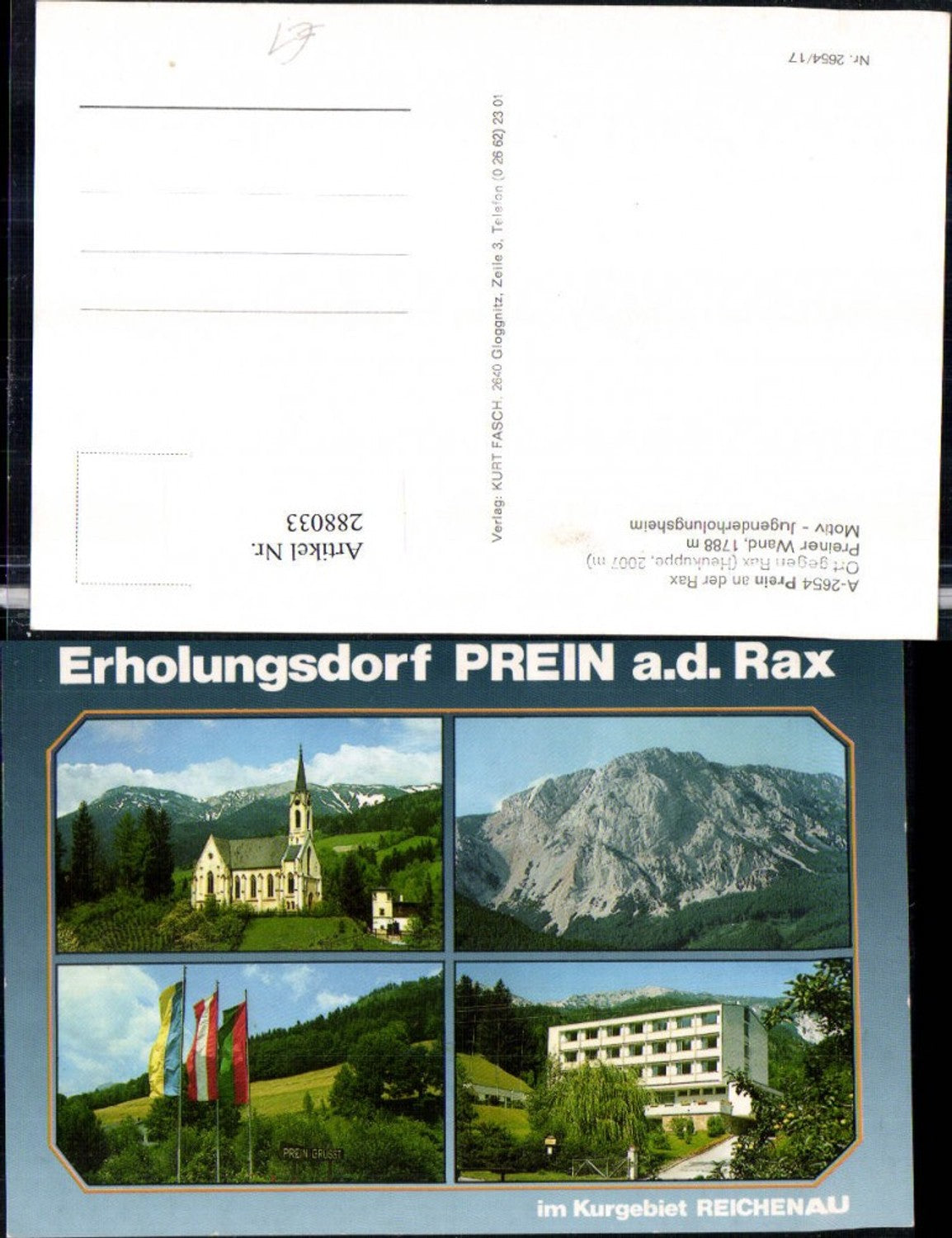 288033,Prein an d. Rax Kirche Preiner Wand Jugenderholungsheim Flaggen Mehrbildkarte