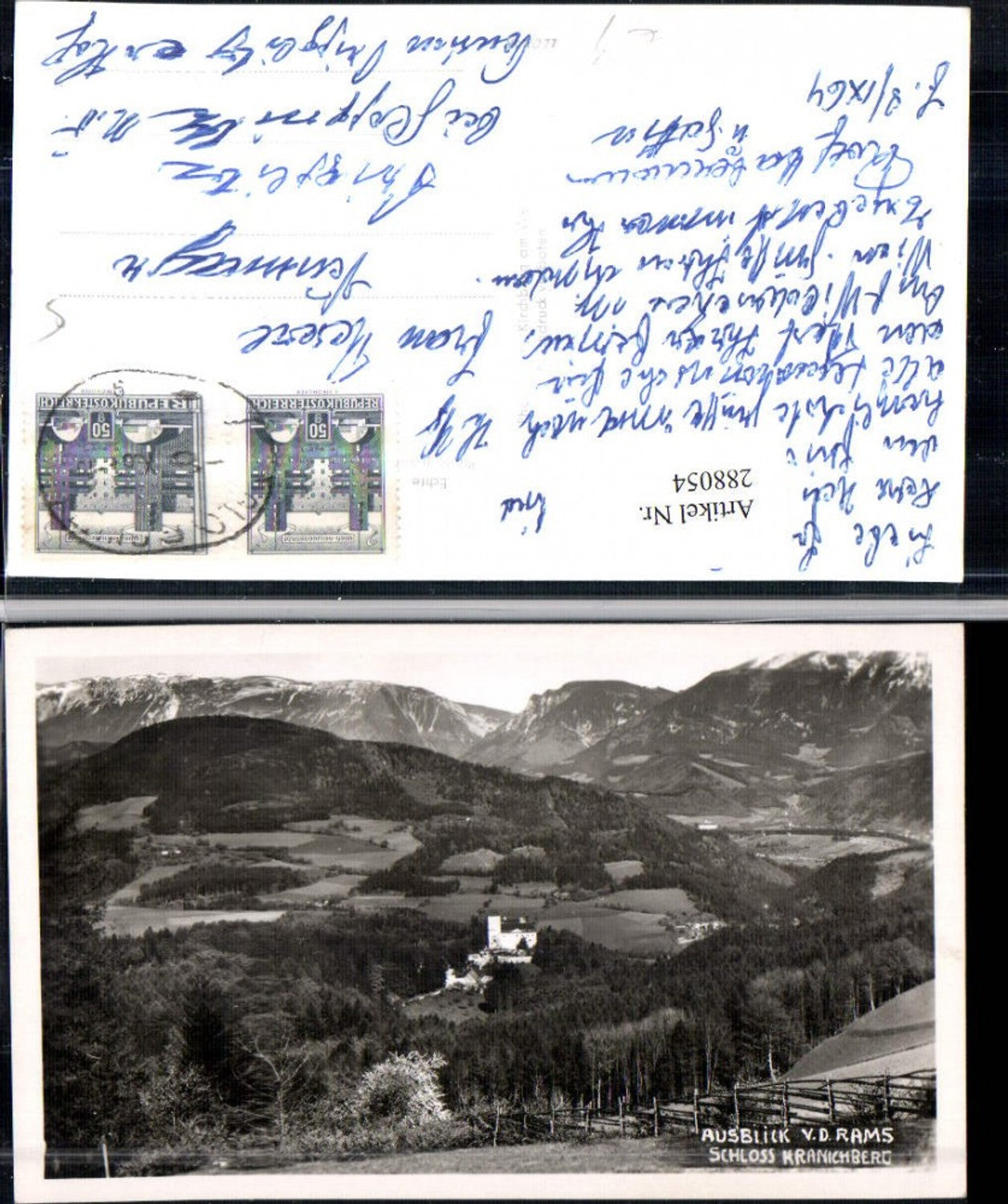 288054,Ausblick von d. Rams auf Schloss Kranichberg Bergkulisse